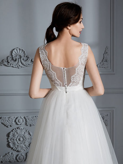 Wholesa A-Line/Princess Sleeveless V-neck Sweep/Brush Train Tulle Wedding Dresses