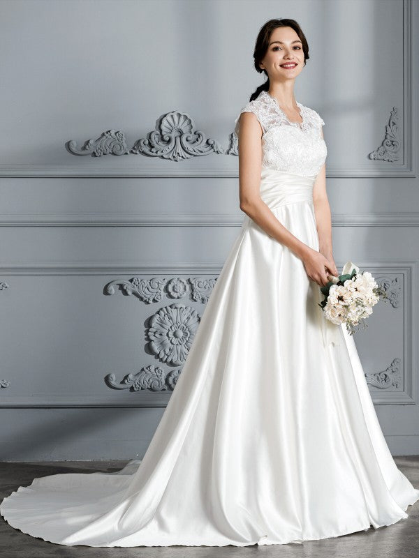 Wholesa Ball Gown V-neck Sleeveless Court Train Satin Wedding Dresses