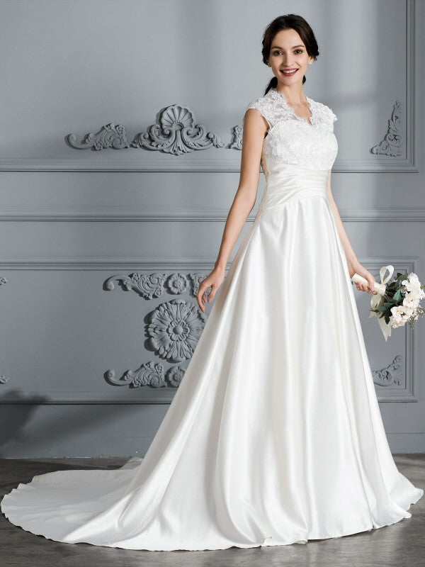 Wholesa Ball Gown V-neck Sleeveless Court Train Satin Wedding Dresses