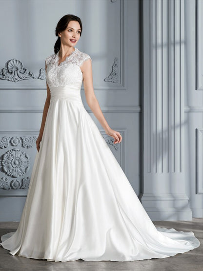 Wholesa Ball Gown V-neck Sleeveless Court Train Satin Wedding Dresses