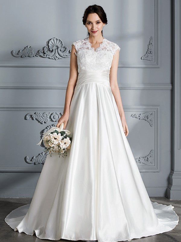 Wholesa Ball Gown V-neck Sleeveless Court Train Satin Wedding Dresses