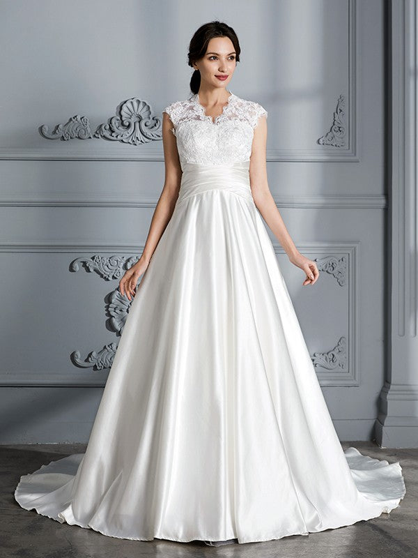 Wholesa Ball Gown V-neck Sleeveless Court Train Satin Wedding Dresses