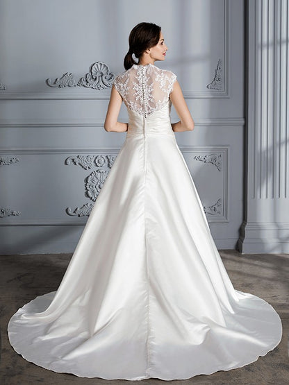 Wholesa Ball Gown V-neck Sleeveless Court Train Satin Wedding Dresses