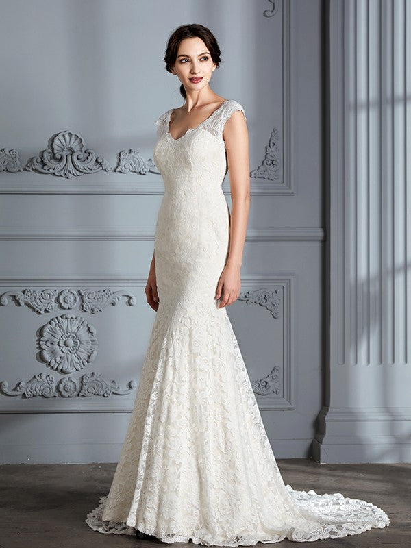 Wholesa Trumpet/Mermaid Sleeveless V-Neck Lace Sweep/Brush Train Wedding Dresses