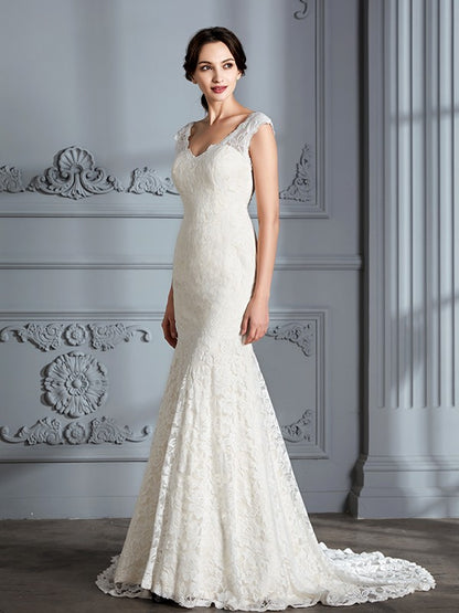 Wholesa Trumpet/Mermaid Sleeveless V-Neck Lace Sweep/Brush Train Wedding Dresses