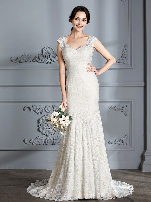 Wholesa Trumpet/Mermaid Sleeveless V-Neck Lace Sweep/Brush Train Wedding Dresses