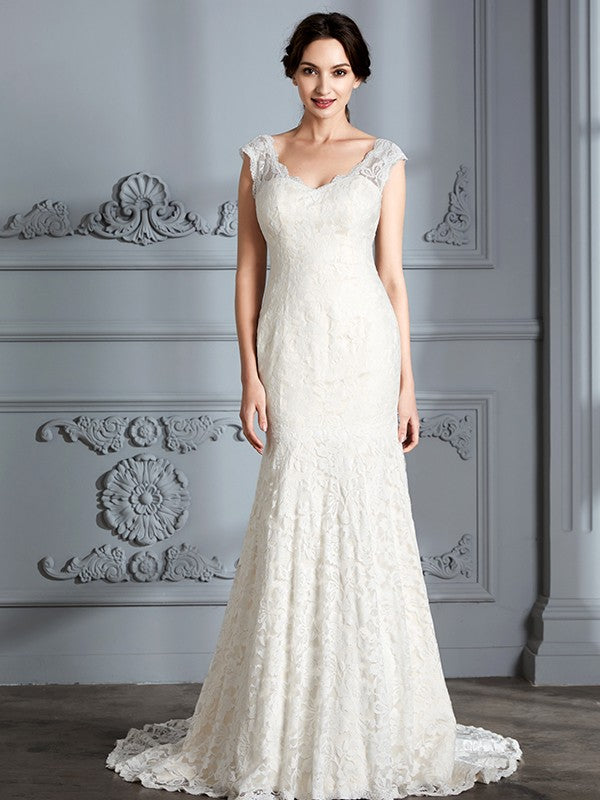 Wholesa Trumpet/Mermaid Sleeveless V-Neck Lace Sweep/Brush Train Wedding Dresses