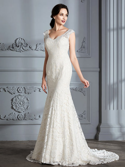 Wholesa Trumpet/Mermaid Sleeveless V-Neck Lace Sweep/Brush Train Wedding Dresses