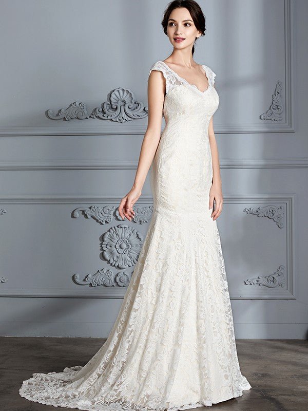 Wholesa Trumpet/Mermaid Sleeveless V-Neck Lace Sweep/Brush Train Wedding Dresses