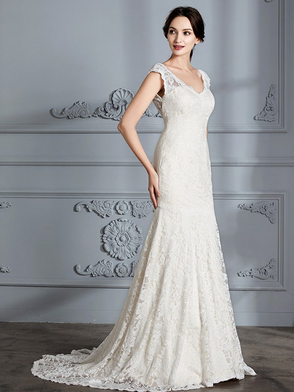 Wholesa Trumpet/Mermaid Sleeveless V-Neck Lace Sweep/Brush Train Wedding Dresses