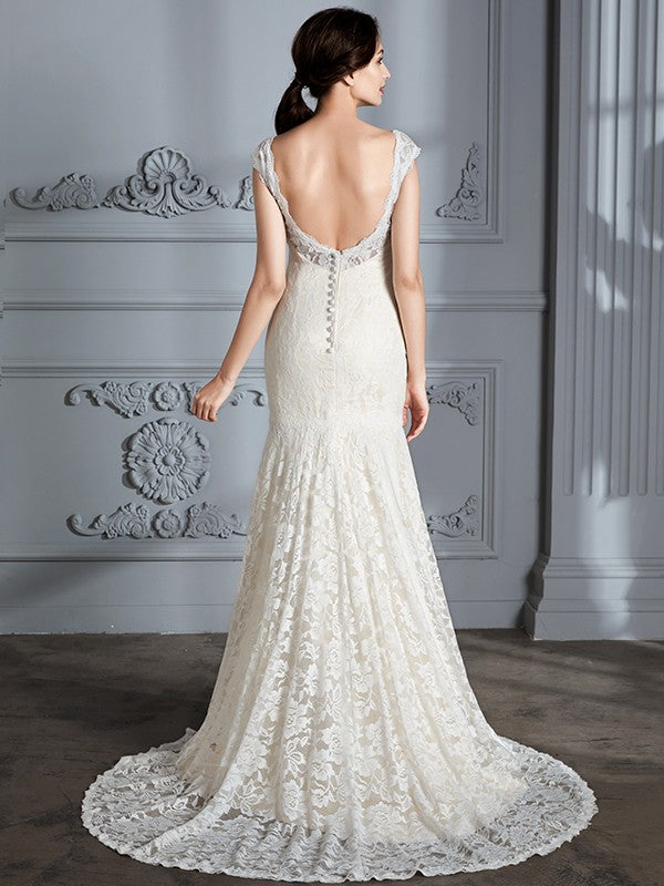 Wholesa Trumpet/Mermaid Sleeveless V-Neck Lace Sweep/Brush Train Wedding Dresses