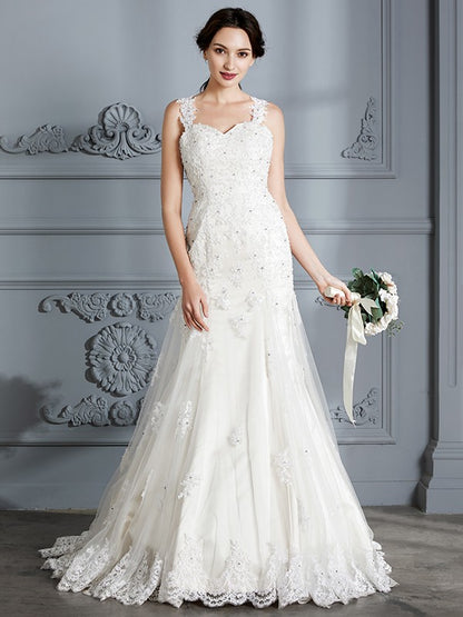 Wholesa Trumpet/Mermaid Sweetheart Sleeveless Lace Court Train Wedding Dresses