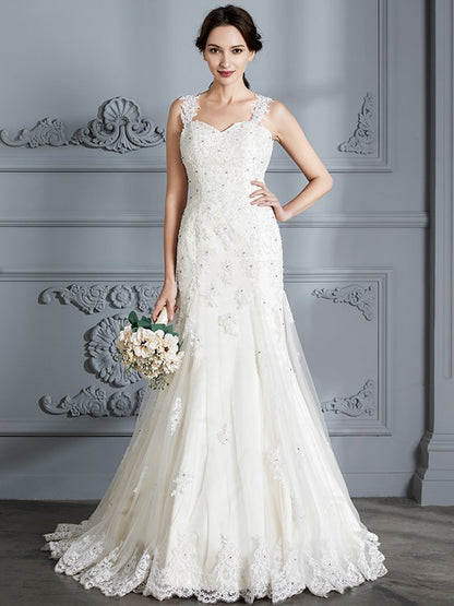 Wholesa Trumpet/Mermaid Sweetheart Sleeveless Lace Court Train Wedding Dresses