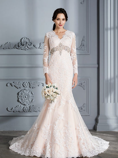 Wholesa Trumpet/Mermaid V-Neck Beading Long Sleeves Sweep/Brush Train Tulle Wedding Dresses