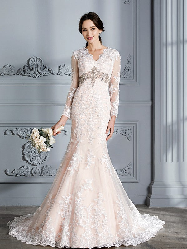 Wholesa Trumpet/Mermaid V-Neck Beading Long Sleeves Sweep/Brush Train Tulle Wedding Dresses