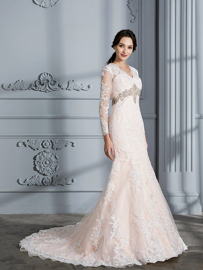 Wholesa Trumpet/Mermaid V-Neck Beading Long Sleeves Sweep/Brush Train Tulle Wedding Dresses