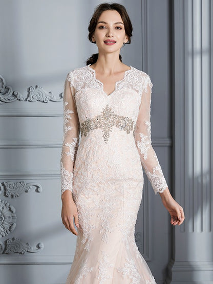 Wholesa Trumpet/Mermaid V-Neck Beading Long Sleeves Sweep/Brush Train Tulle Wedding Dresses