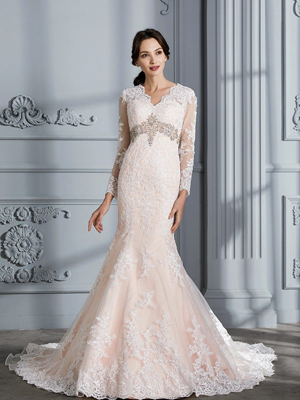 Wholesa Trumpet/Mermaid V-Neck Beading Long Sleeves Sweep/Brush Train Tulle Wedding Dresses