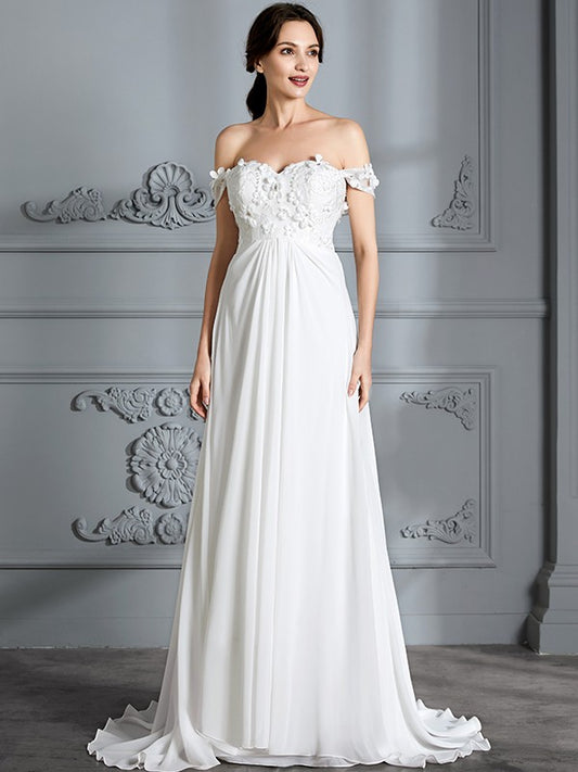 Wholesa A-Line/Princess Off-the-Shoulder Sleeveless Chiffon Sweep/Brush Train Wedding Dresses