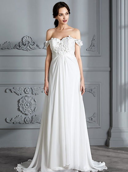 Wholesa A-Line/Princess Off-the-Shoulder Sleeveless Chiffon Sweep/Brush Train Wedding Dresses