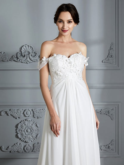 Wholesa A-Line/Princess Off-the-Shoulder Sleeveless Chiffon Sweep/Brush Train Wedding Dresses