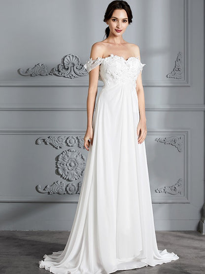 Wholesa A-Line/Princess Off-the-Shoulder Sleeveless Chiffon Sweep/Brush Train Wedding Dresses