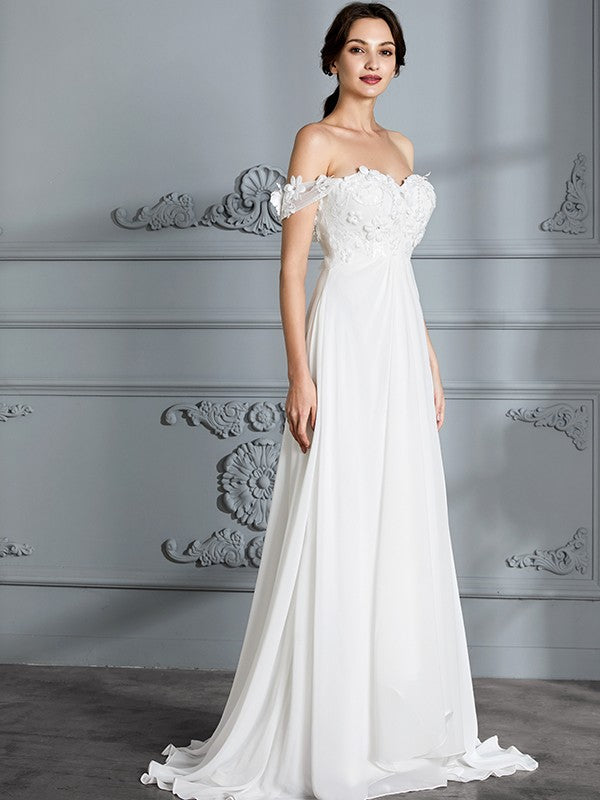 Wholesa A-Line/Princess Off-the-Shoulder Sleeveless Chiffon Sweep/Brush Train Wedding Dresses