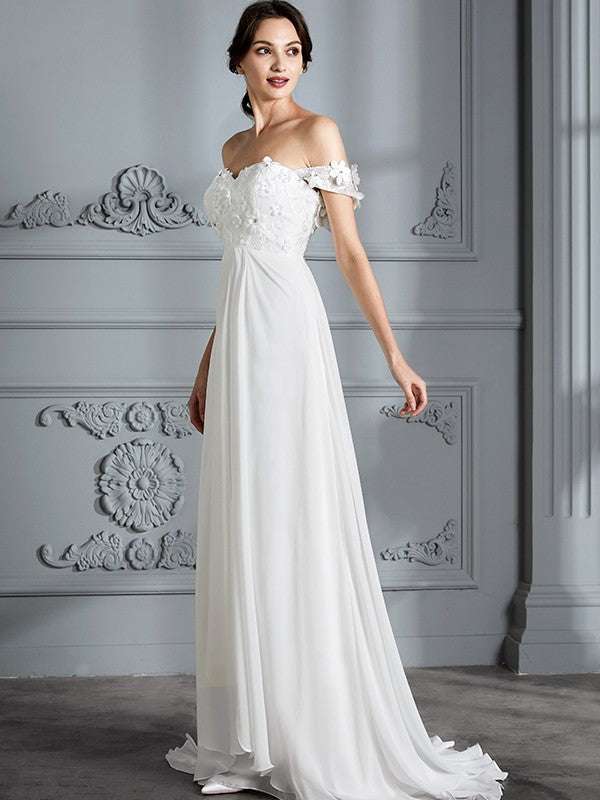 Wholesa A-Line/Princess Off-the-Shoulder Sleeveless Chiffon Sweep/Brush Train Wedding Dresses