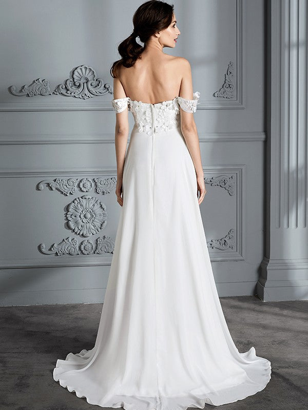 Wholesa A-Line/Princess Off-the-Shoulder Sleeveless Chiffon Sweep/Brush Train Wedding Dresses