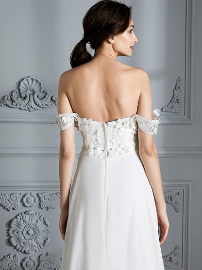 Wholesa A-Line/Princess Off-the-Shoulder Sleeveless Chiffon Sweep/Brush Train Wedding Dresses