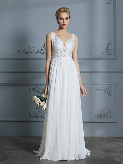 Wholesa A-Line/Princess Sleeveless V-neck Sweep/Brush Train Chiffon Wedding Dresses