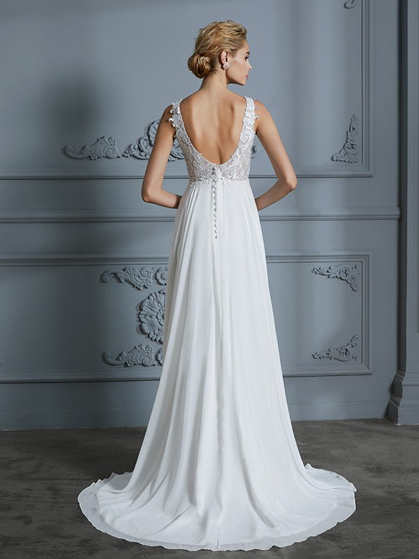 Wholesa A-Line/Princess Sleeveless V-neck Sweep/Brush Train Chiffon Wedding Dresses