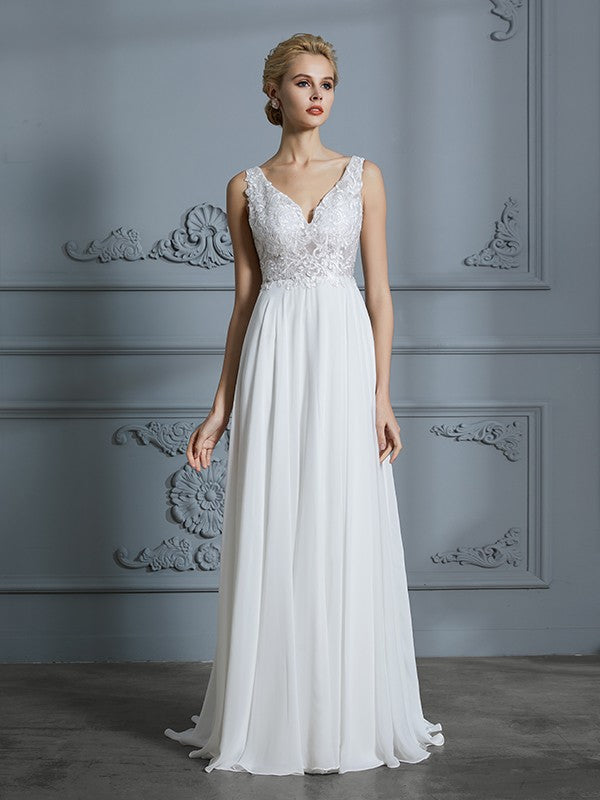 Wholesa A-Line/Princess Sleeveless V-neck Sweep/Brush Train Chiffon Wedding Dresses