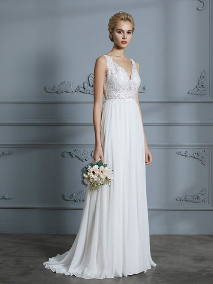 Wholesa A-Line/Princess Sleeveless V-neck Sweep/Brush Train Chiffon Wedding Dresses