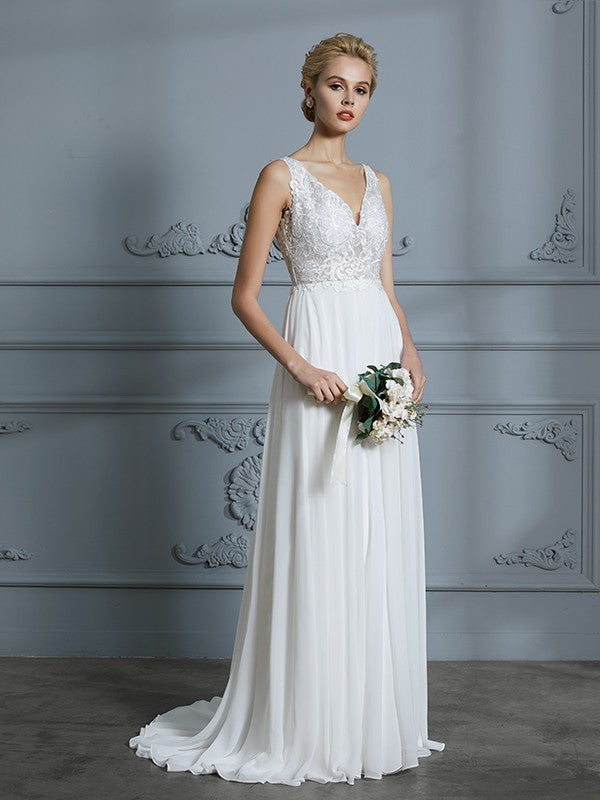 Wholesa A-Line/Princess Sleeveless V-neck Sweep/Brush Train Chiffon Wedding Dresses