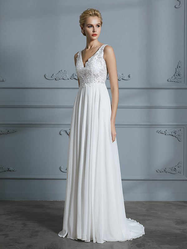 Wholesa A-Line/Princess Sleeveless V-neck Sweep/Brush Train Chiffon Wedding Dresses