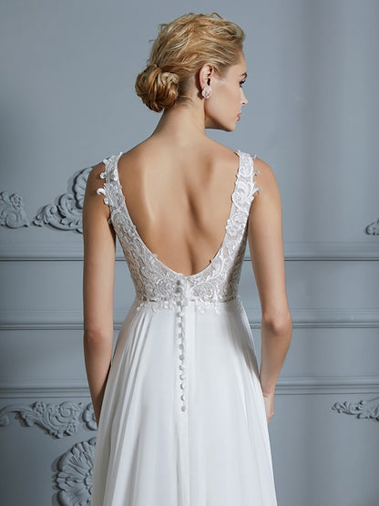 Wholesa A-Line/Princess Sleeveless V-neck Sweep/Brush Train Chiffon Wedding Dresses