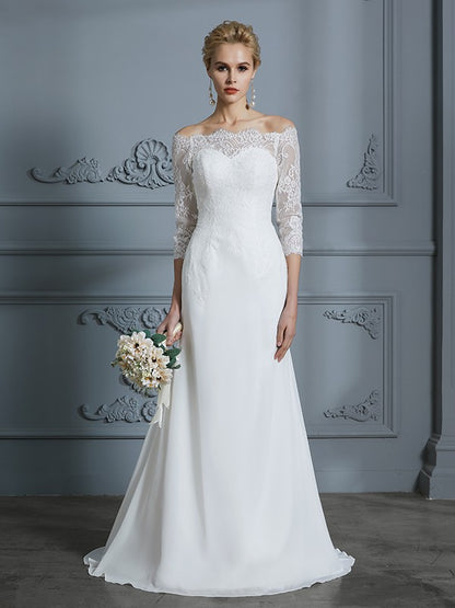 Wholesa  Trumpet/Mermaid 1/2 Sleeves Off-the-Shoulder Sweep/Brush Train Chiffon Wedding Dresses