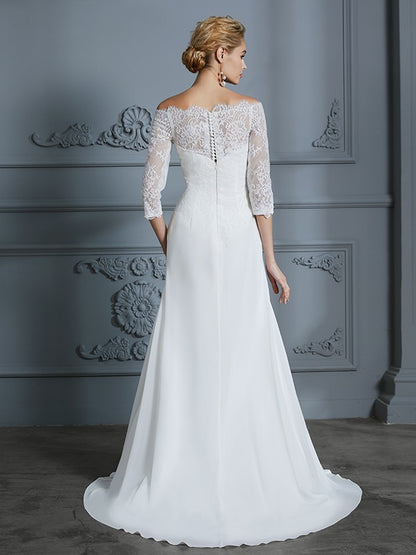 Wholesa  Trumpet/Mermaid 1/2 Sleeves Off-the-Shoulder Sweep/Brush Train Chiffon Wedding Dresses