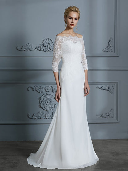 Wholesa  Trumpet/Mermaid 1/2 Sleeves Off-the-Shoulder Sweep/Brush Train Chiffon Wedding Dresses