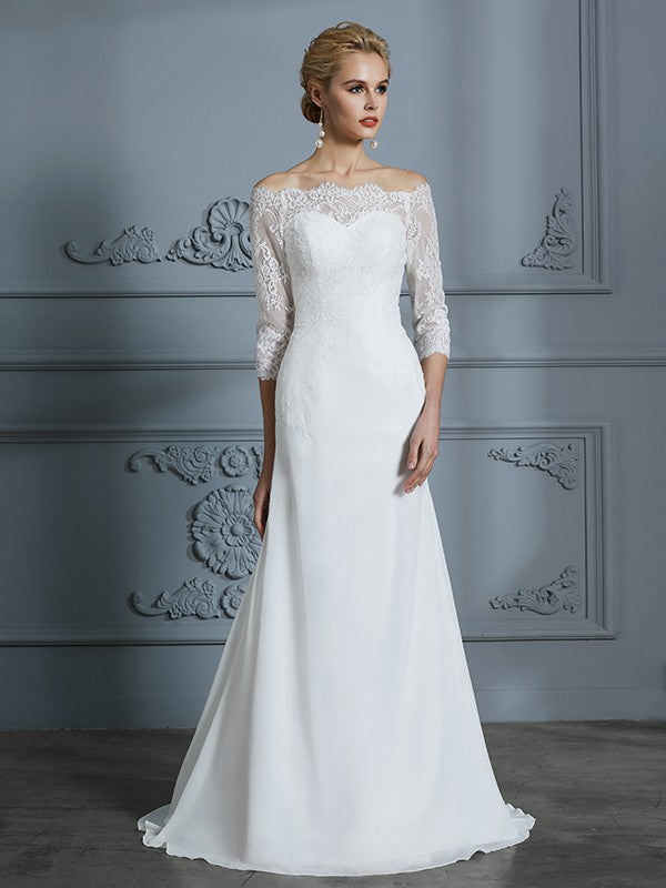 Wholesa  Trumpet/Mermaid 1/2 Sleeves Off-the-Shoulder Sweep/Brush Train Chiffon Wedding Dresses