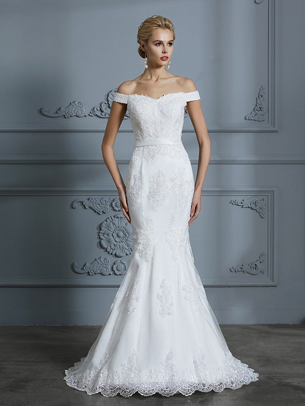 Wholesa Trumpet/Mermaid Off-the-Shoulder Sleeveless Lace Sweep/Brush Train Tulle Wedding Dresses