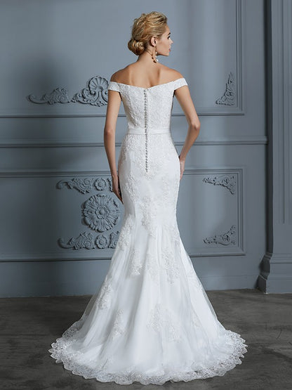 Wholesa Trumpet/Mermaid Off-the-Shoulder Sleeveless Lace Sweep/Brush Train Tulle Wedding Dresses