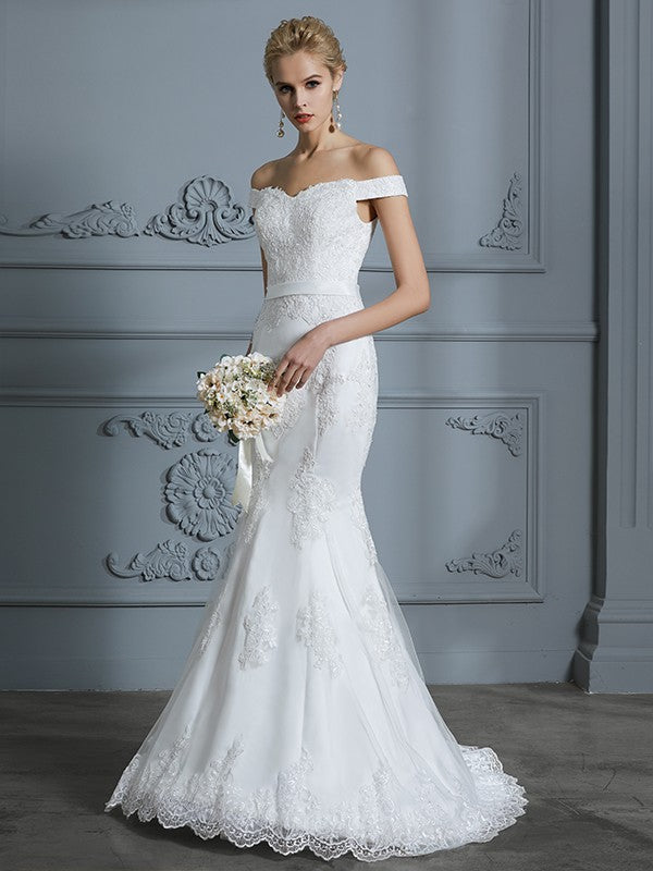 Wholesa Trumpet/Mermaid Off-the-Shoulder Sleeveless Lace Sweep/Brush Train Tulle Wedding Dresses