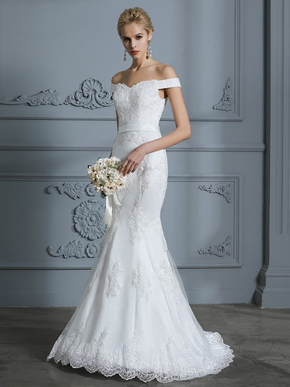 Wholesa Trumpet/Mermaid Off-the-Shoulder Sleeveless Lace Sweep/Brush Train Tulle Wedding Dresses