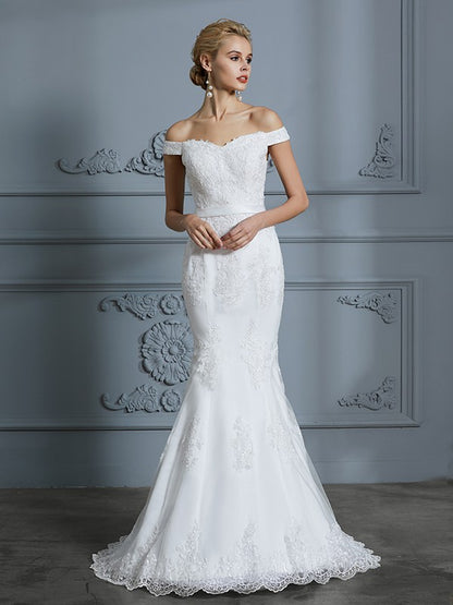 Wholesa Trumpet/Mermaid Off-the-Shoulder Sleeveless Lace Sweep/Brush Train Tulle Wedding Dresses