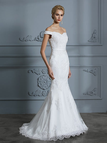 Wholesa Trumpet/Mermaid Off-the-Shoulder Sleeveless Lace Sweep/Brush Train Tulle Wedding Dresses