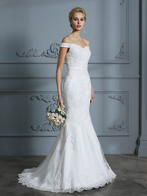 Wholesa Trumpet/Mermaid Off-the-Shoulder Sleeveless Lace Sweep/Brush Train Tulle Wedding Dresses