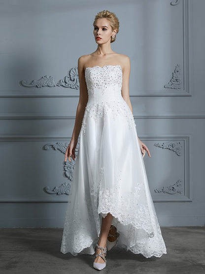 Wholesa A-Line/Princess Sweetheart Sleeveless Beading Asymmetrical Tulle Wedding Dresses