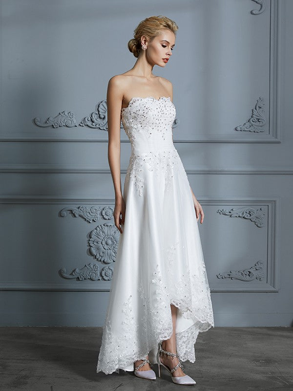 Wholesa A-Line/Princess Sweetheart Sleeveless Beading Asymmetrical Tulle Wedding Dresses